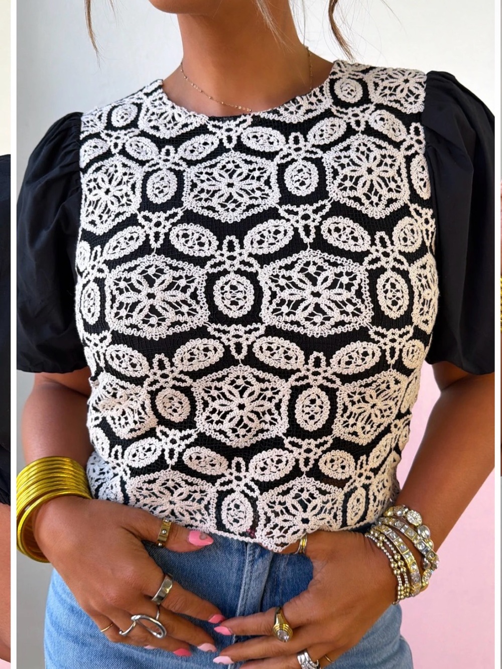 Oddi Black & White Crochet Lace Puff-Sleeve Top